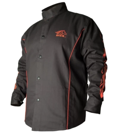 Black Stallion BSX® Contoured FR Cotton Welding Jacket, Black with Red Flames 3 Black Stallion BSX® Contoured FR Cotton Welding Jacket, Black with Red Flames