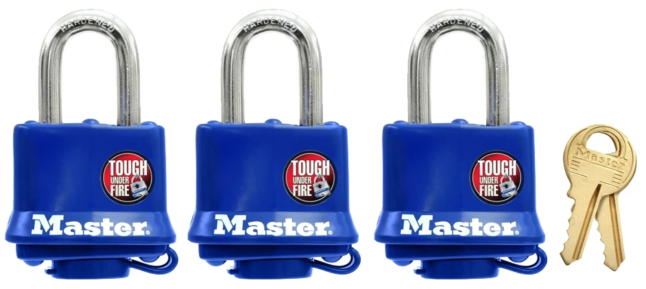 Master Lock 1-9/16 in Wide Covered Laminated Steel Pin Tumbler Padlock, Blue - 3 Pack 3 Master Lock 1-9/16 in Wide Covered Laminated Steel Pin Tumbler Padlock, Blue - 3 Pack