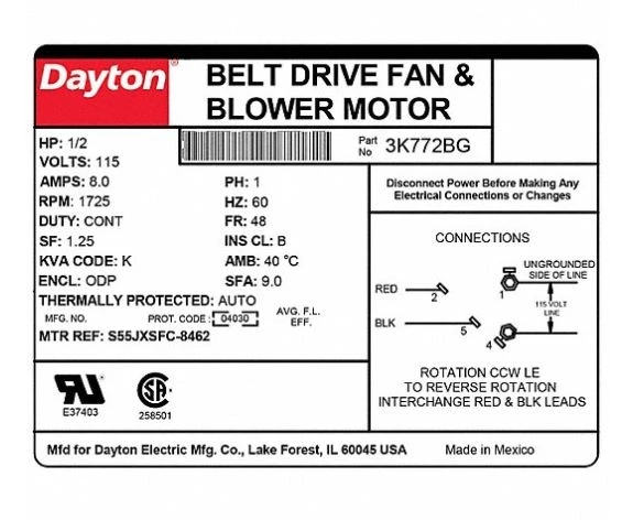 Dayton 3K772 Belt Drive Motor, 1/2 HP, Split-Phase 4 Dayton 3K772 Belt Drive Motor, 1/2 HP, Split-Phase - Image 2