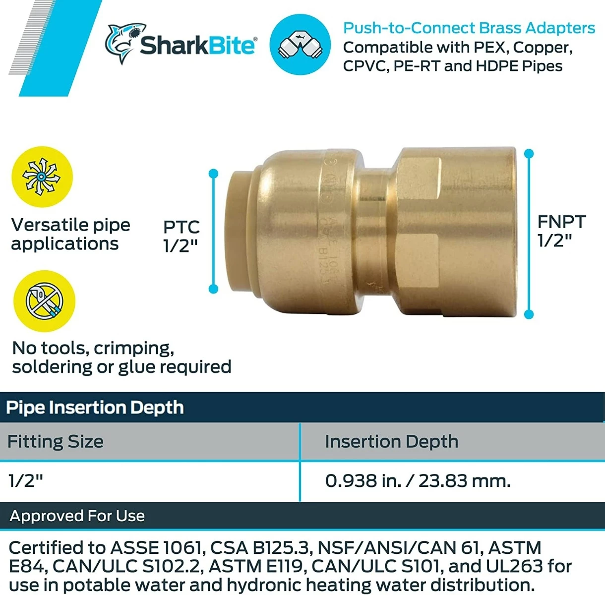 SharkBite Brass 1/2" FNPT Adapter, 4 Pack 4 SharkBite Brass 1/2" FNPT Adapter, 4 Pack - Image 2