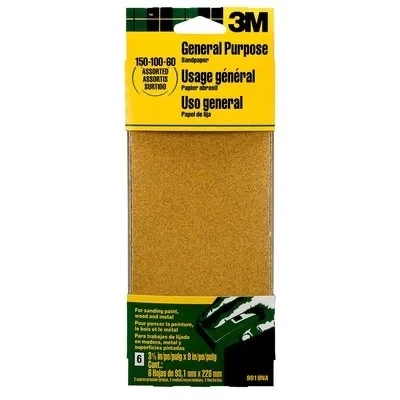 3M General Purpose Sanding Sheets - 3 2/3 in x 9 in - Assorted grit - 6/pk 3 3M General Purpose Sanding Sheets - 3 2/3 in x 9 in - Assorted grit - 6/pk