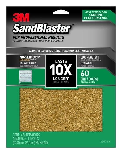 3M SandBlaster Sandpaper with No-Slip Grip, 11" x 9" - 4 Pack 3 3M SandBlaster Sandpaper with No-Slip Grip, 11" x 9" - 4 Pack