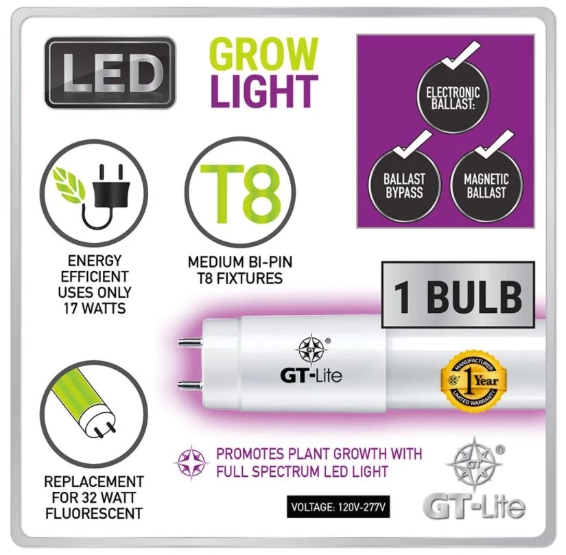 GT-Lite GT-T8-3IN1-GL 4 ft. Grow LED Bulb 4 GT-Lite GT-T8-3IN1-GL 4 ft. Grow LED Bulb - Image 2