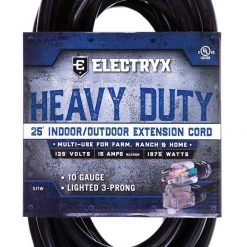 Electryx 25' Heavy Duty Indoor/Outdoor Extension Cord - 10 Gauge, Black