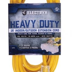Electryx 25' Heavy Duty Indoor/Outdoor 3 Plug Extension Cord - 12 Gauge, Yellow