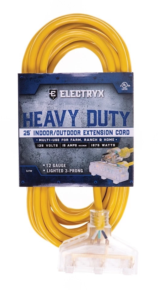 Electryx 25' Heavy Duty Indoor/Outdoor 3 Plug Extension Cord - 12 Gauge, Yellow 3 Electryx 25' Heavy Duty Indoor/Outdoor 3 Plug Extension Cord - 12 Gauge, Yellow