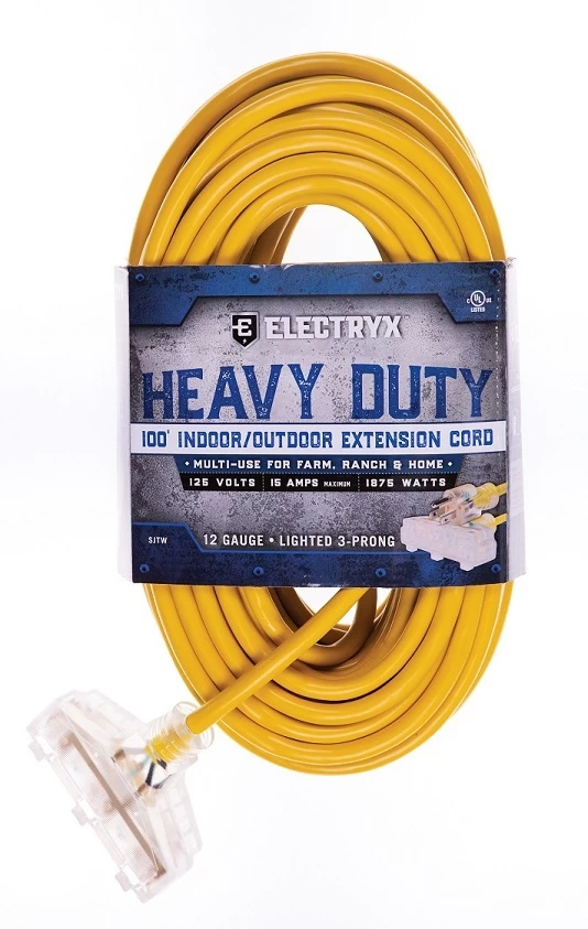 Electryx 100' Heavy Duty Indoor/Outdoor 3 Plug Extension Cord - 12 Gauge, Yellow 3 Electryx 100' Heavy Duty Indoor/Outdoor 3 Plug Extension Cord - 12 Gauge, Yellow