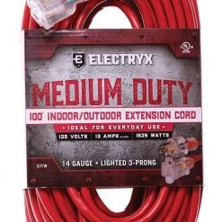 Electryx 100' Medium Duty Indoor/Outdoor Extension Cord - 14 Gauge, Red