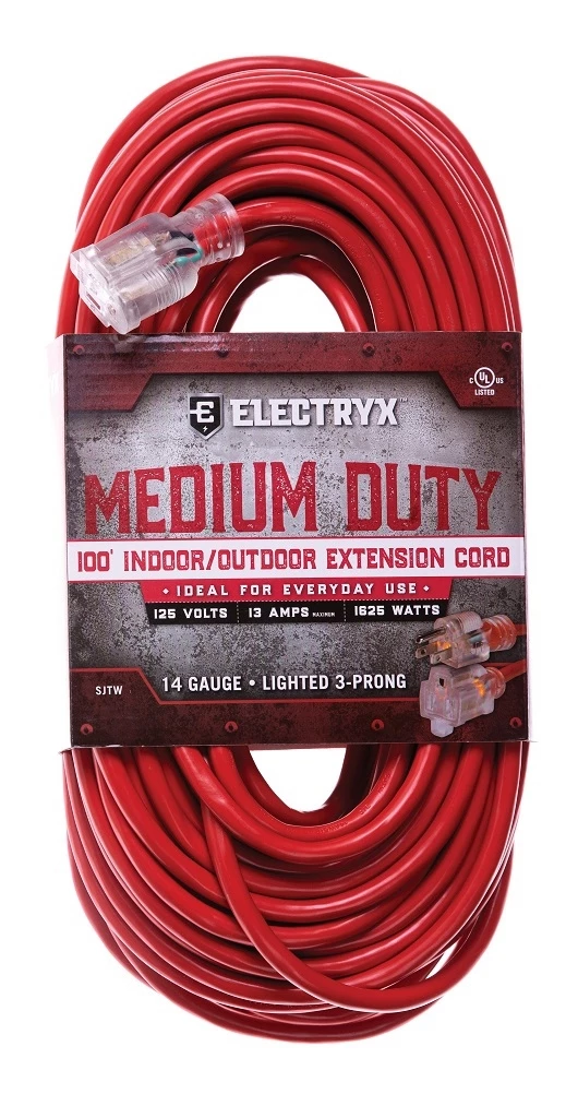 Electryx 100' Medium Duty Indoor/Outdoor Extension Cord - 14 Gauge, Red 3 Electryx 100' Medium Duty Indoor/Outdoor Extension Cord - 14 Gauge, Red