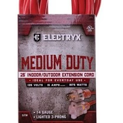 Electryx 25' Medium Duty Indoor/Outdoor Extension Cord - 14 Gauge, Red