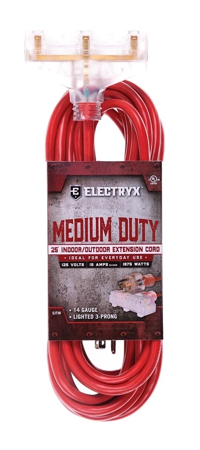 Electryx 25' Medium Duty Indoor/Outdoor 3 Plug Extension Cord - 14 Gauge, Red 3 Electryx 25' Medium Duty Indoor/Outdoor 3 Plug Extension Cord - 14 Gauge, Red