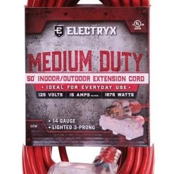 Electryx 50' Medium Duty Indoor/Outdoor 3 Plug Extension Cord - 14 Gauge, Red