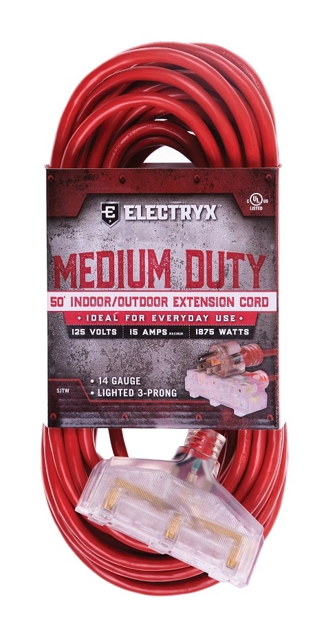 Electryx 50' Medium Duty Indoor/Outdoor 3 Plug Extension Cord - 14 Gauge, Red 3 Electryx 50' Medium Duty Indoor/Outdoor 3 Plug Extension Cord - 14 Gauge, Red