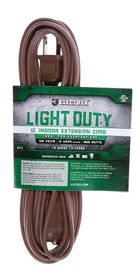 Electryx 12' Light Duty Indoor Extension Cord - 16 Gauge, Brown 3 Electryx 12' Light Duty Indoor Extension Cord - 16 Gauge, Brown