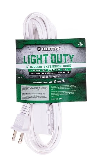 Electryx 12' Light Duty Indoor Extension Cord - 16 Gauge, White 3 Electryx 12' Light Duty Indoor Extension Cord - 16 Gauge, White